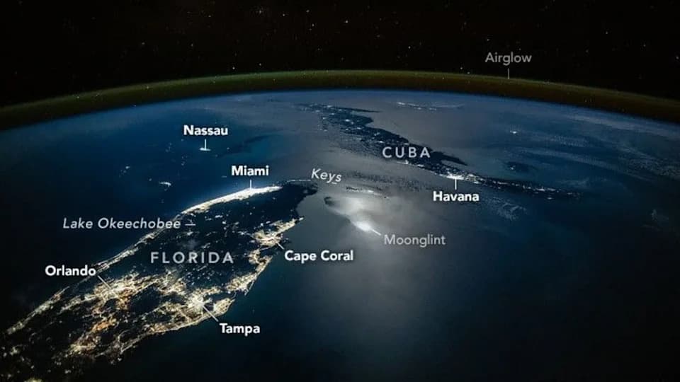 ISS Astronaut Captures Stunning Night View of Florida, Cuba and Moonglint From Orbit