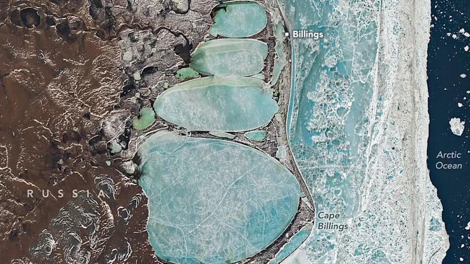 Giant 'Snowman' of Ice: Landsat 8 Captures Collapsed Lagoons Lining Siberia's Coast