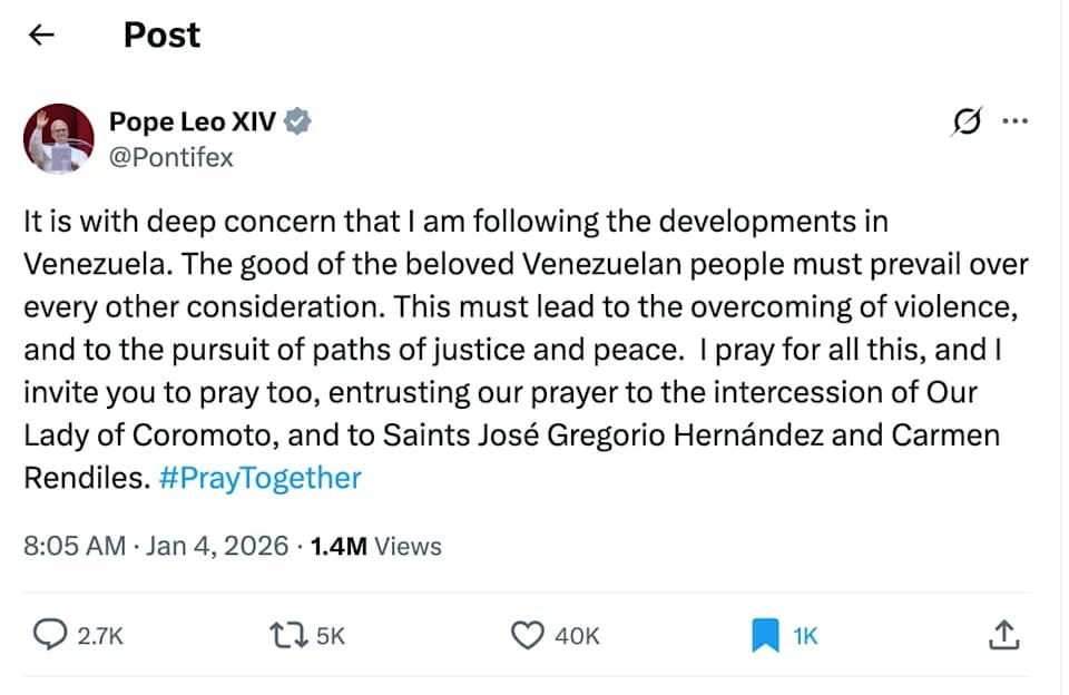 American-Born Pope Condemns U.S.-Linked Raid in Venezuela, Urges Peace and Respect for Sovereignty