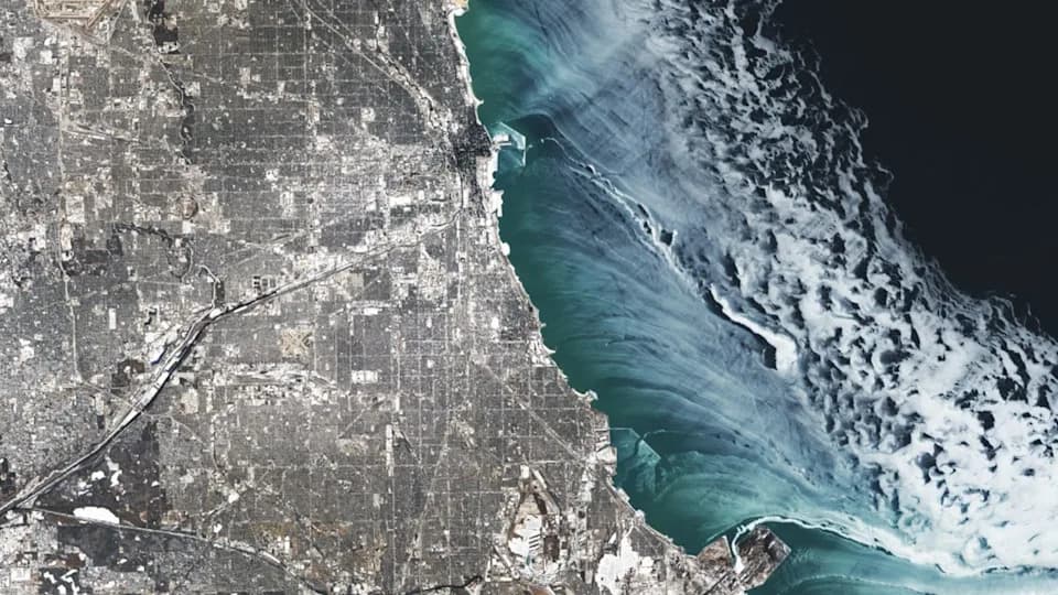 Ethereal Ice Ribbons Sweep Past Chicago During Polar Vortex Cold Snap