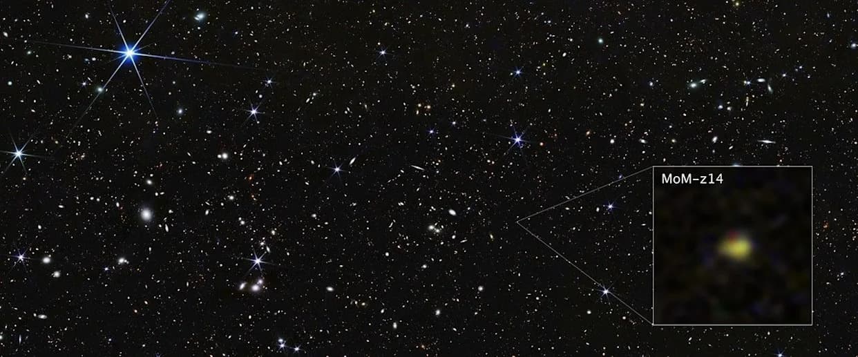 JWST Reveals MoM-z14 — The Most Distant Galaxy Yet, Seen 280 Million Years After the Big Bang