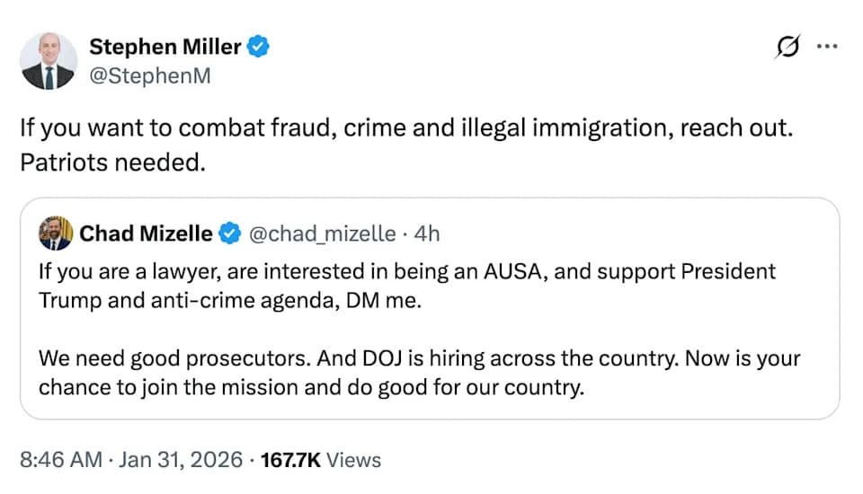 Stephen Miller Recruits 'Patriot' Assistant U.S. Attorneys Amid DOJ Exodus and Controversy