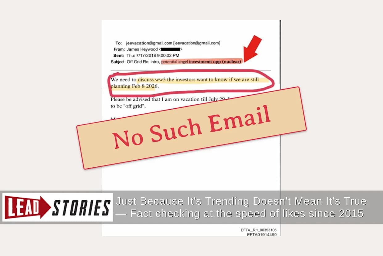 Fact Check: Viral 'WW3' Epstein Email Claim for Feb. 8, 2026, Is Fabricated — No Match in DOJ Files