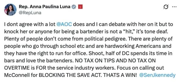 Unexpected Ally: MAGA Rep. Defends AOC After GOP Senator Mocks Her Bartending Past