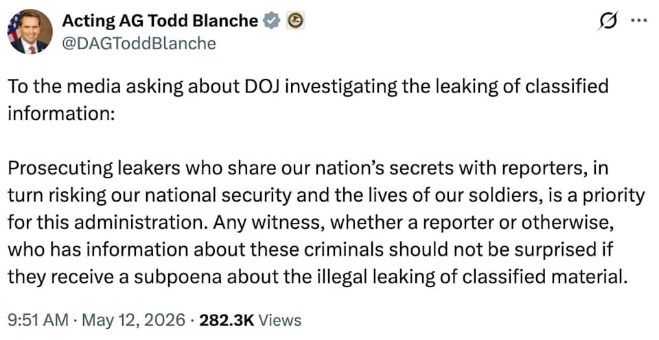 Acting AG Defends DOJ Subpoenas After Trump Labels Reporting “Treason”; Press Groups Raise Alarm