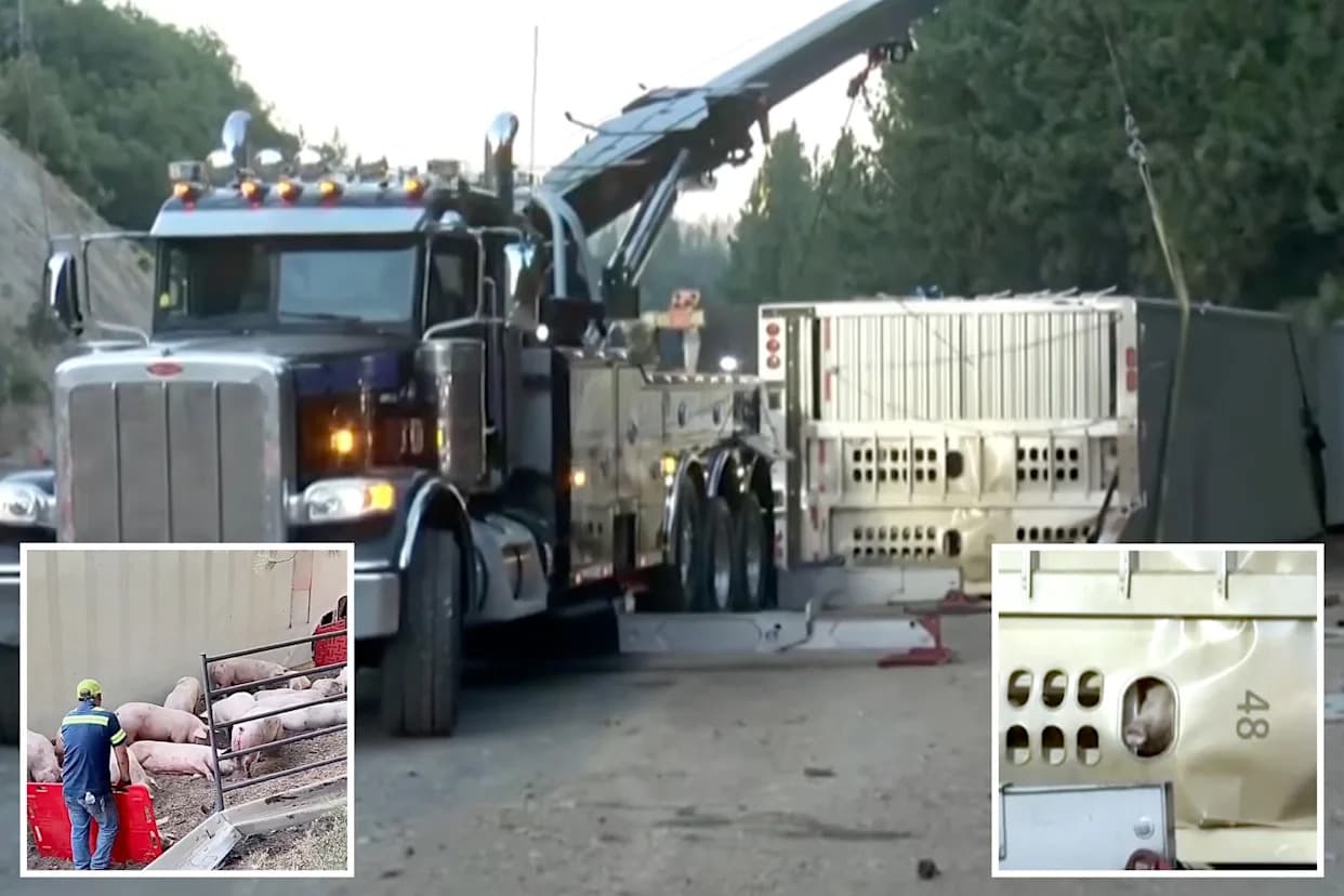 Dazed Pigs Scatter on I‑80 After Big Rig Overturns, Closing Freeway for Hours