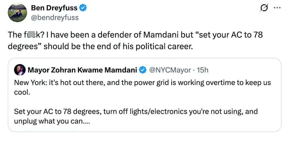 NYC Mayor Zohran Mamdani Urges 78°F AC Setting Ahead Of Heat Wave — Sparks Right‑Wing Backlash