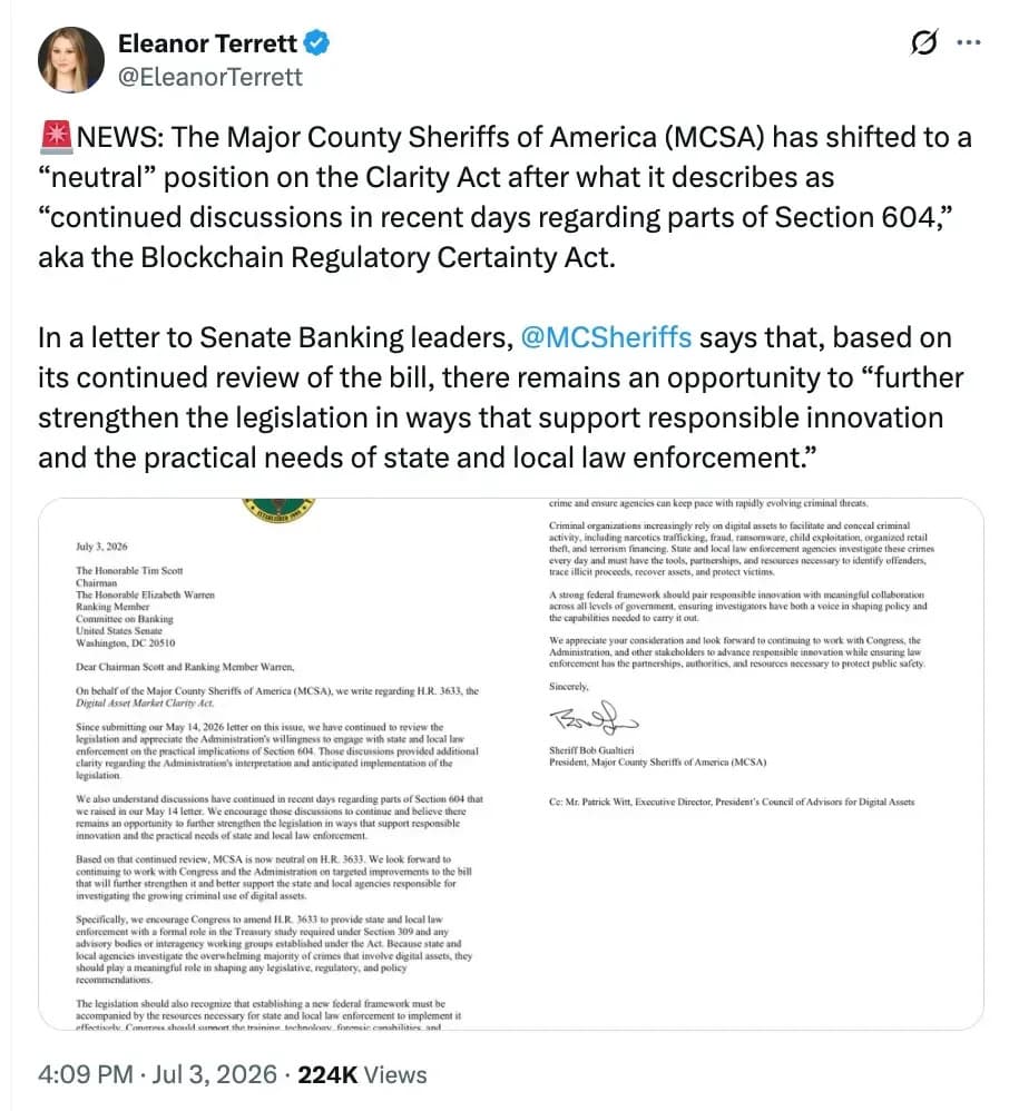 Major County Sheriffs Move To Neutral On CLARITY Act, Clearing Hurdle For Senate Vote