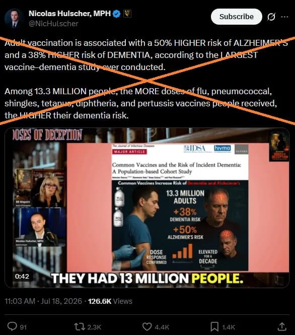 Study Does Not Prove Vaccines Increase Dementia Risk — Social Clips Misleadingly Amplify Results