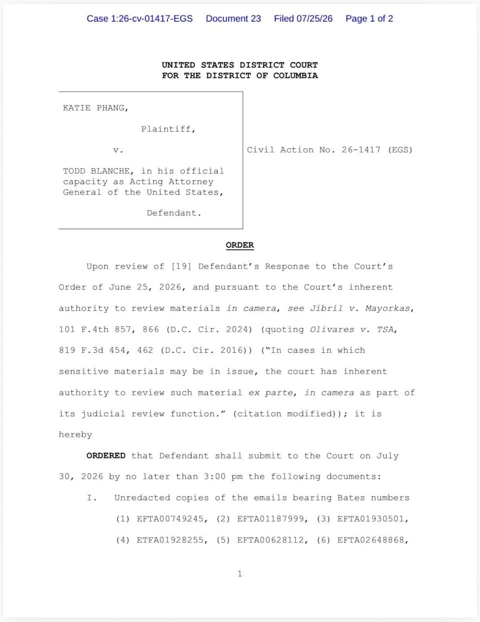 Judge Forces Acting AG to Produce Unredacted Epstein Files for Private Court Scrutiny