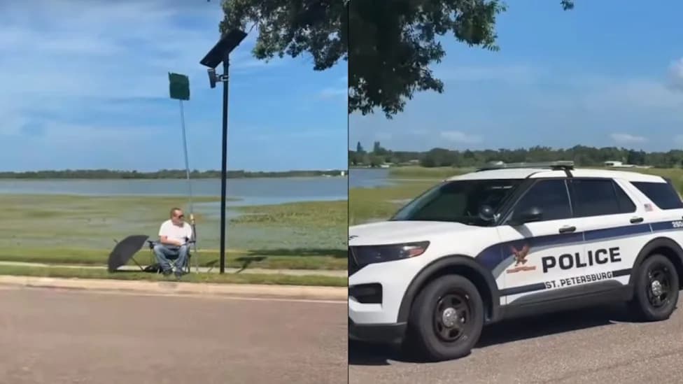 77-Year-Old Sits Beside Flock Camera and Uses Sign to Block Its View — Viral Protest in St. Petersburg