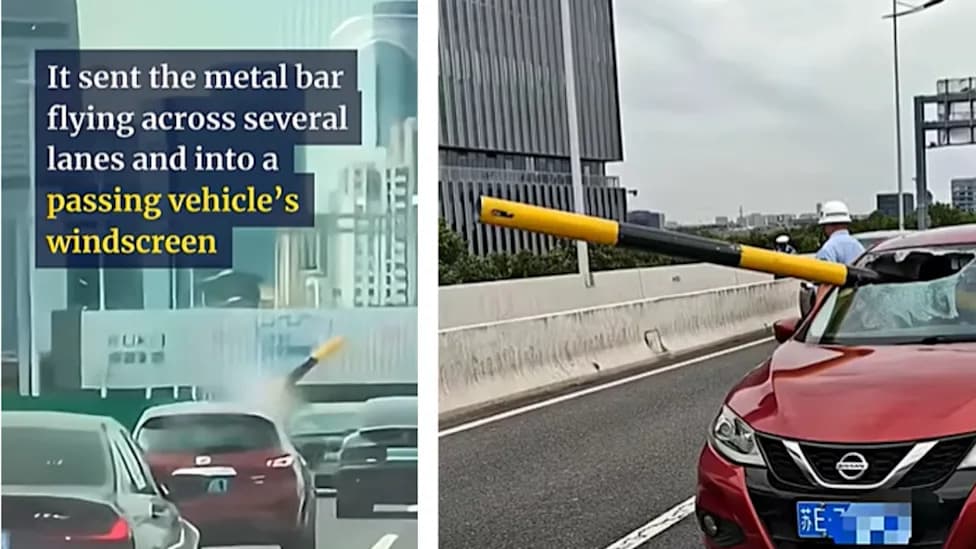 Metal Pole Pierces Car on Suzhou Highway After Truck Strikes Height-Restriction Barrier; Driver Escapes With Minor Injuries