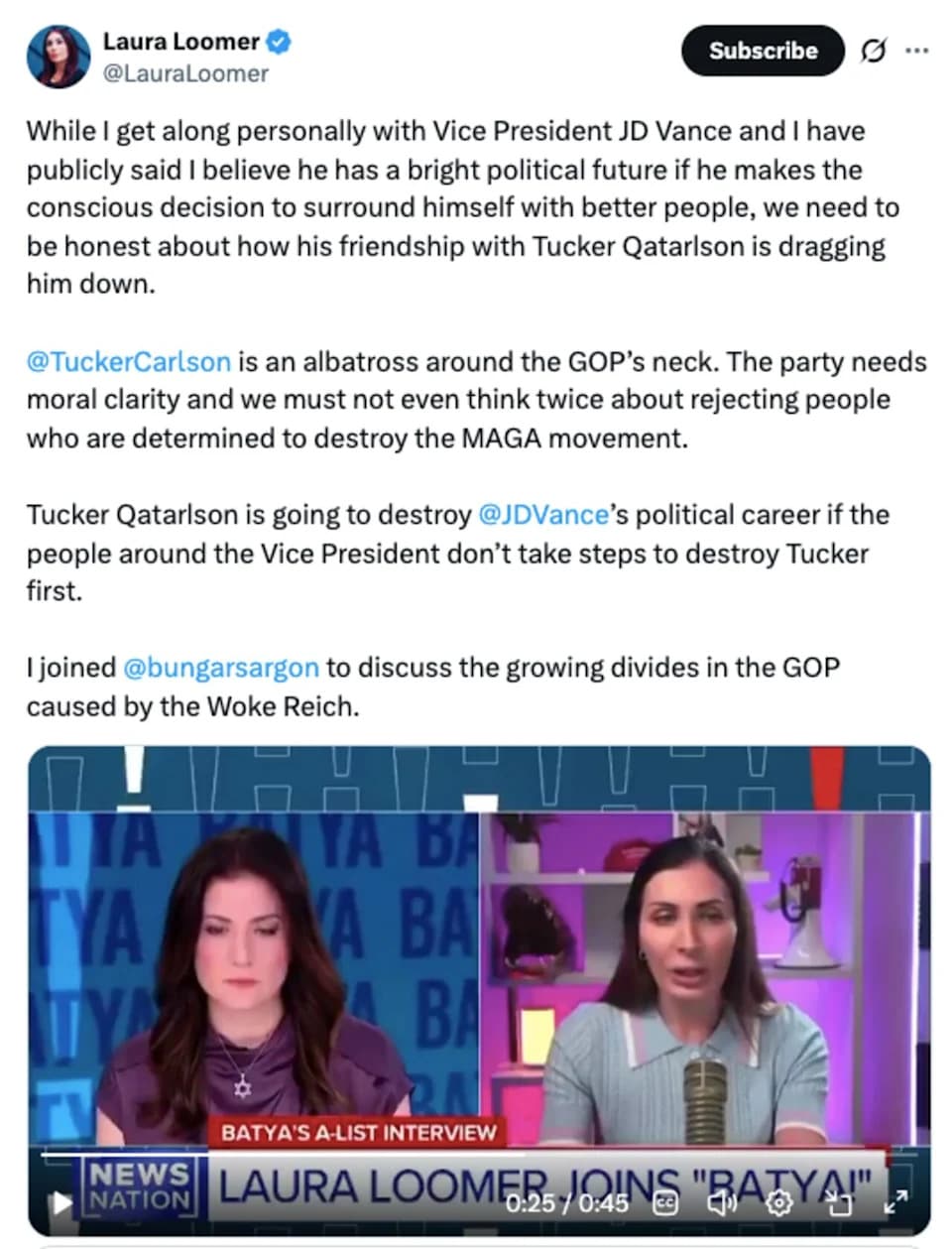 Laura Loomer Urges JD Vance To Break With Tucker Carlson To Protect White House Hopes