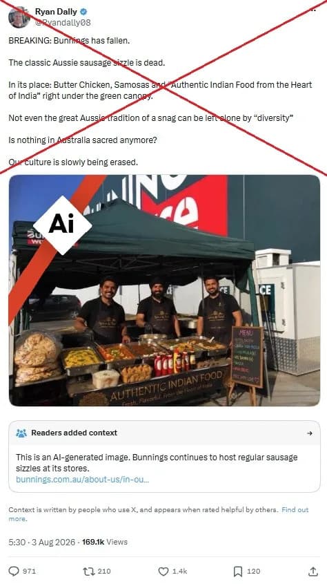 AI-Generated Image Sparks Anti‑Migrant Backlash After False Claim Bunnings Replaced Sausage Sizzle With Indian Food