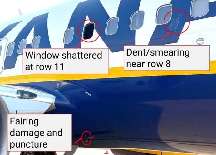 NTSB: Bird Strike Likely Caused Engine Failure That Blew Out Window, Nearly Ejecting Passenger on Ryanair Flight