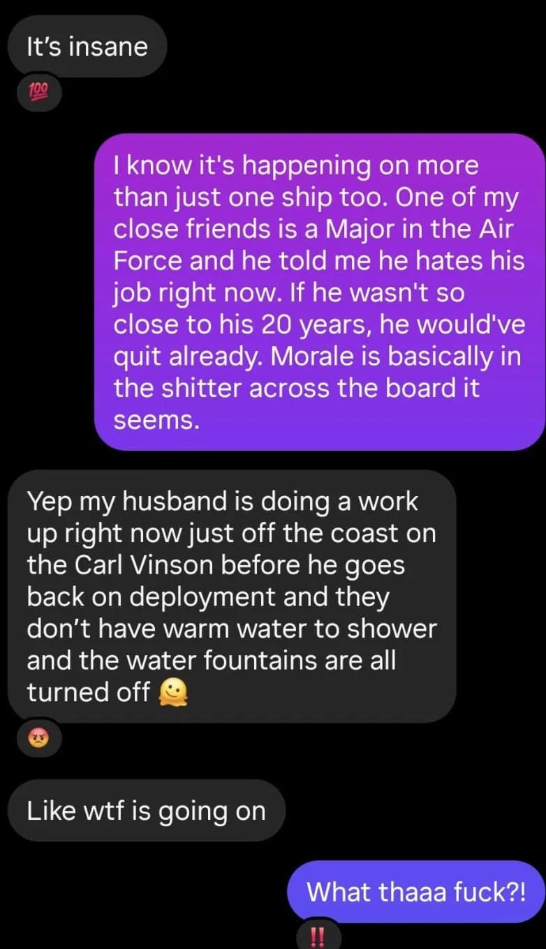 Exclusive Texts: USS Carl Vinson Sailors Report Cold Showers and Shut-Off Fountains Ahead Of Deployment