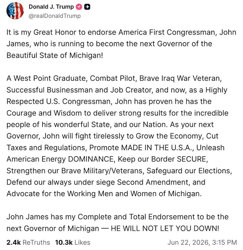 Trump-Backed Michigan Candidate John James Urges U.S. and Canada To Resume Trade Talks: "Stop Acting Like Children"