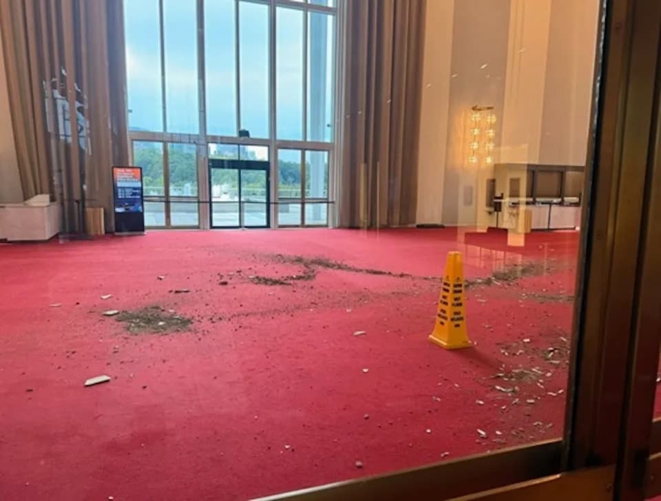 Chunk of Kennedy Center Grand Foyer Ceiling Collapses During Heavy Rain; No Injuries Reported