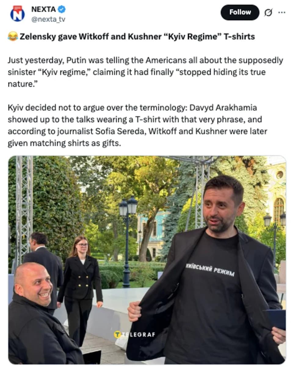 Kyiv Gifts 'Kyiv Regime' T‑Shirts to Trump Envoys in Satirical Rebuke of Putin