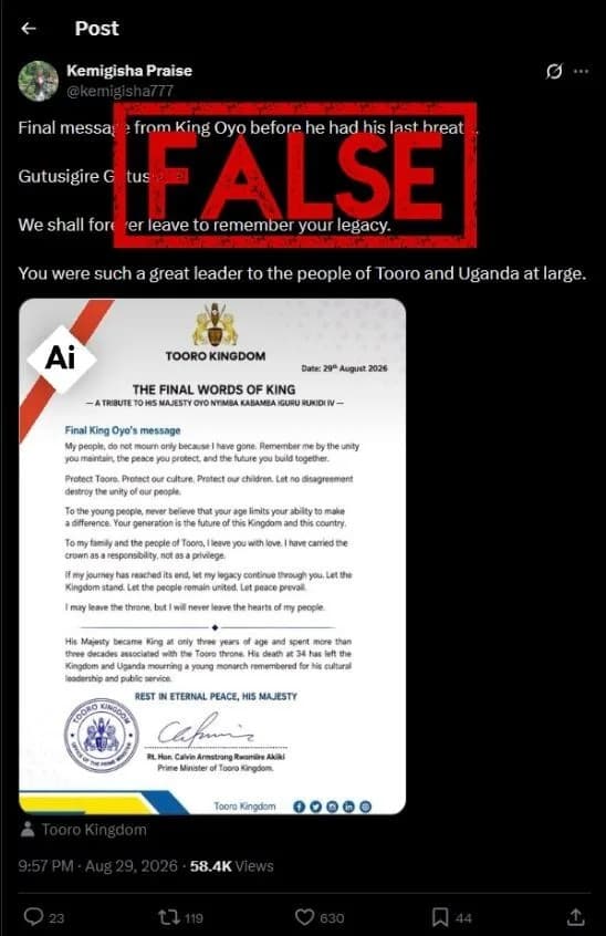 Fake AI Statement and Recycled Videos Cloud Coverage of Tooro King Oyo’s Death and Succession