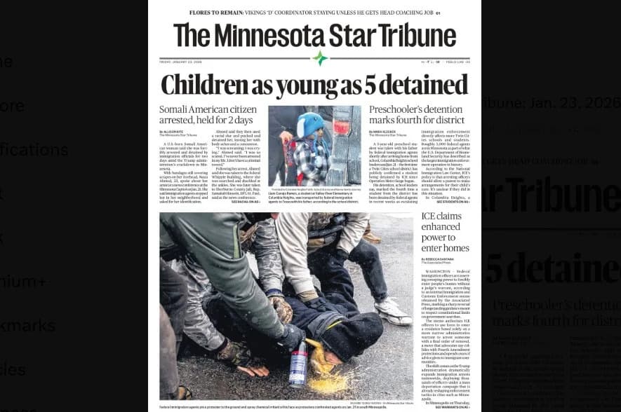 Star Tribune Front-Page Photo Shows ICE Agent Pepper-Spraying Pinned Protester Amid National Scrutiny