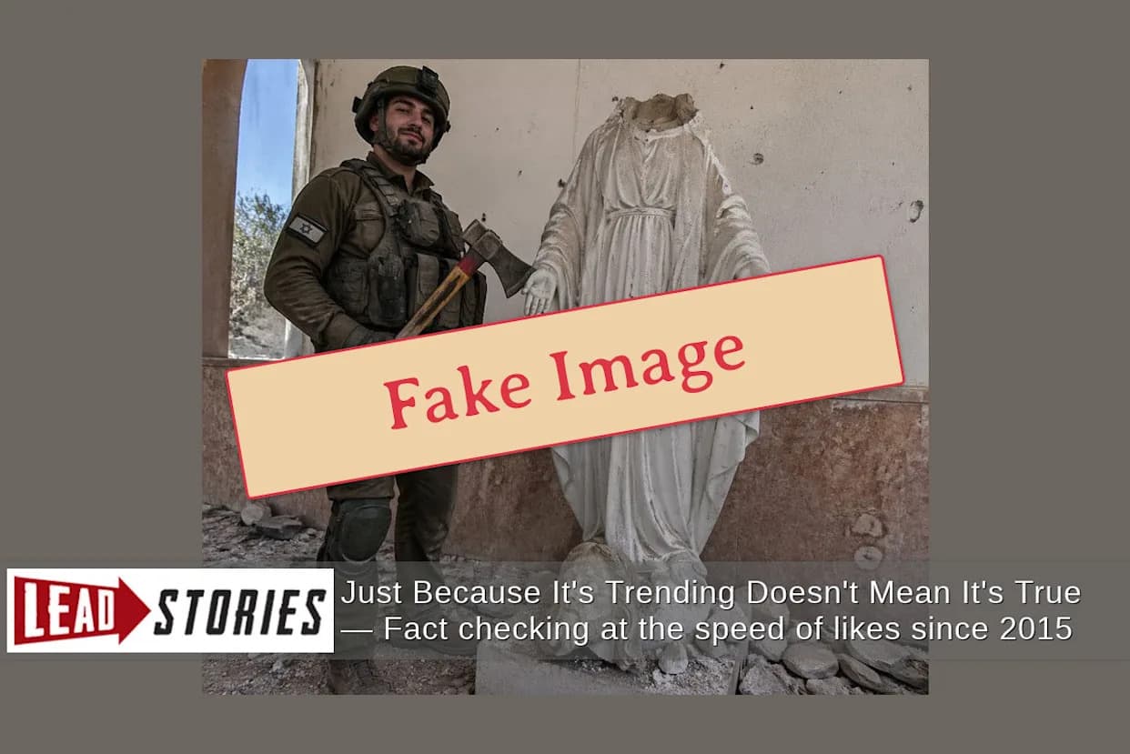 Fact Check: Viral Photo Of IDF Soldier With Axe Beside Headless Christian Statue Is AI-Generated