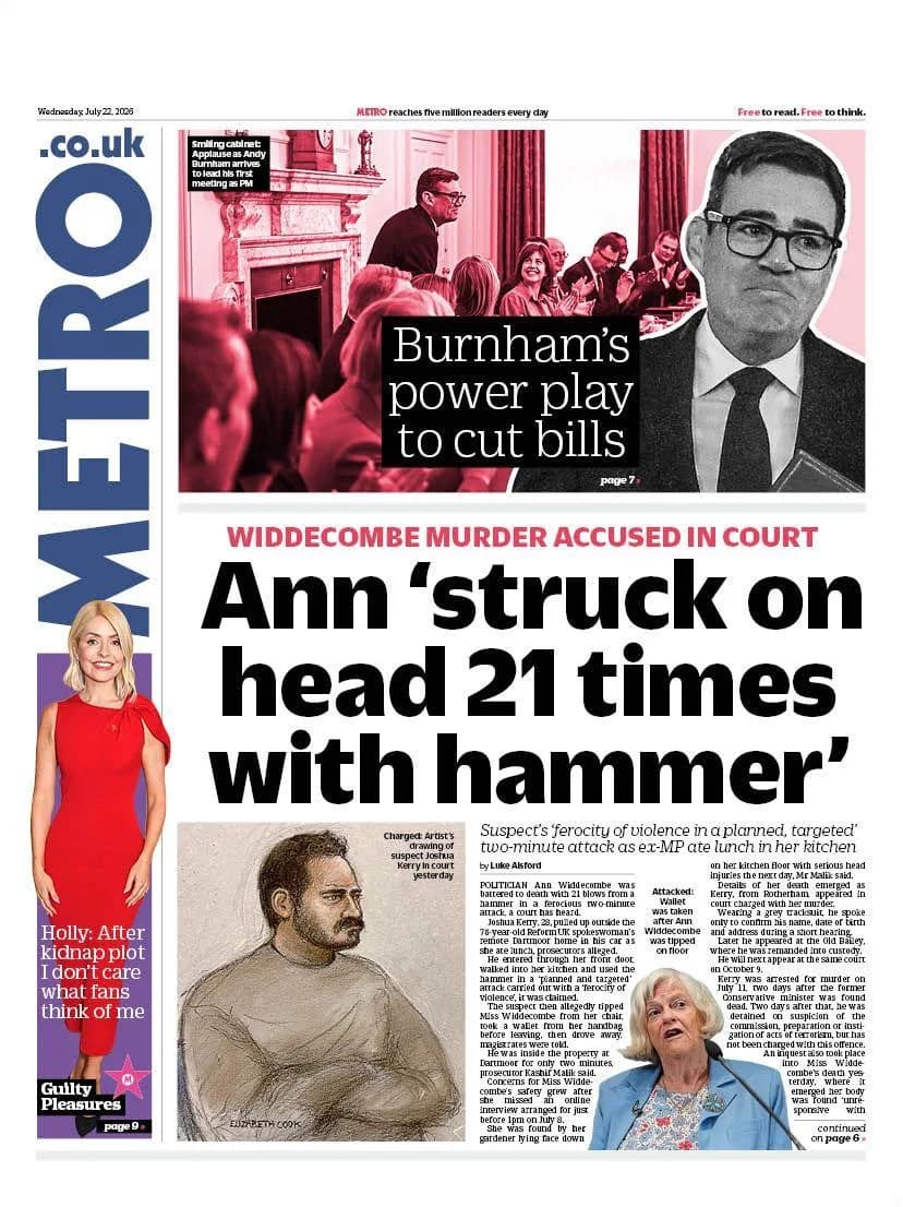 Widdecombe Murder And Burnham's Funding Test Dominate UK Front Pages