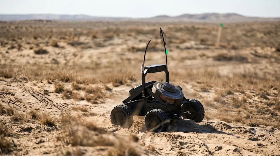 Video Shows Ukrainian Hexacopter Lowering ARK-1 Ground Robot Behind Russian Lines