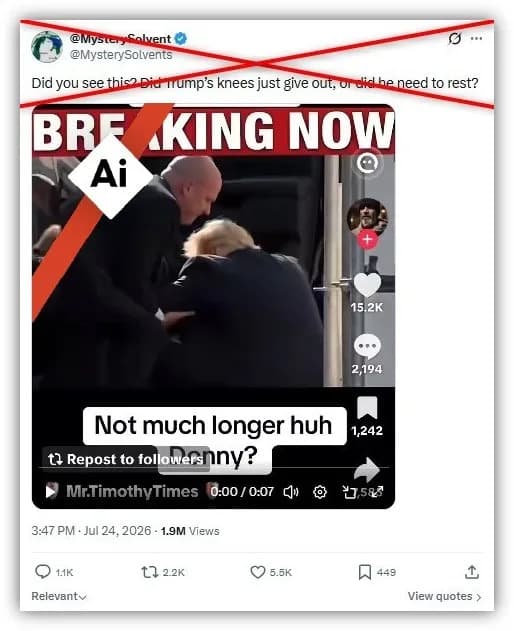 AI Deepfake Falsely Shows Trump Collapsing Outside Limo — Original Footage Shows No Fall