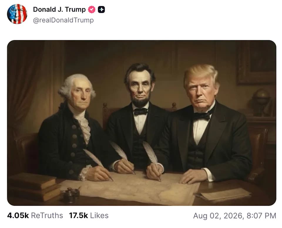 Trump Shares Fabricated Image Placing Himself Between Washington and Lincoln — Sparks Praise and Mockery