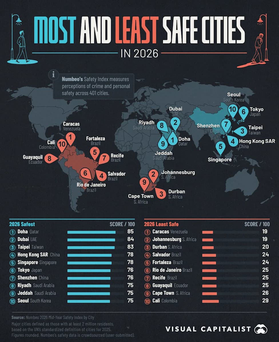 Mapped: Doha Tops Numbeo’s 2026 Safety Index — Safest and Least Safe Major Cities Revealed