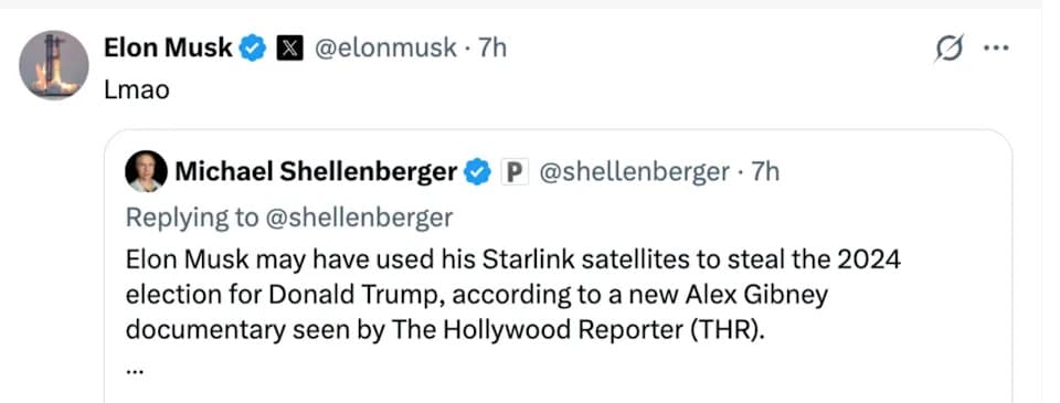 Musk Dismisses Gibney Documentary as “LMAO” While Film Raises Questions About Possible Starlink Role in 2024 Election