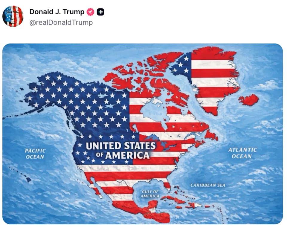 Trump Posts Map Showing U.S. Draped Over North America On Truth Social, Sparking International Backlash