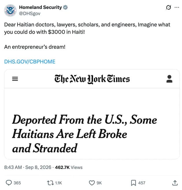 DHS Tweet Urging "Haitian Doctors, Lawyers, Scholars, and Engineers" to Self-Deport Sparks Outrage and Questions About Racial Bias