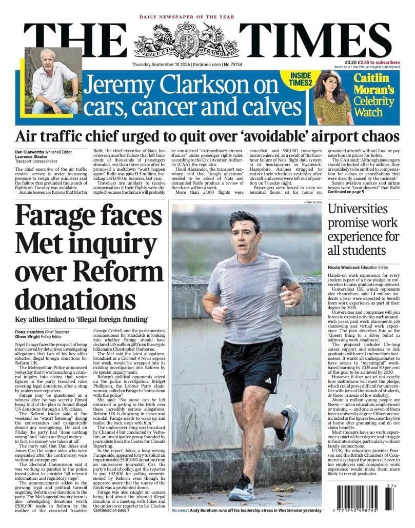 Met To Interview Nigel Farage As UK Front Pages Spotlight Donations Probe, Air-Travel Chaos And AI Access Row