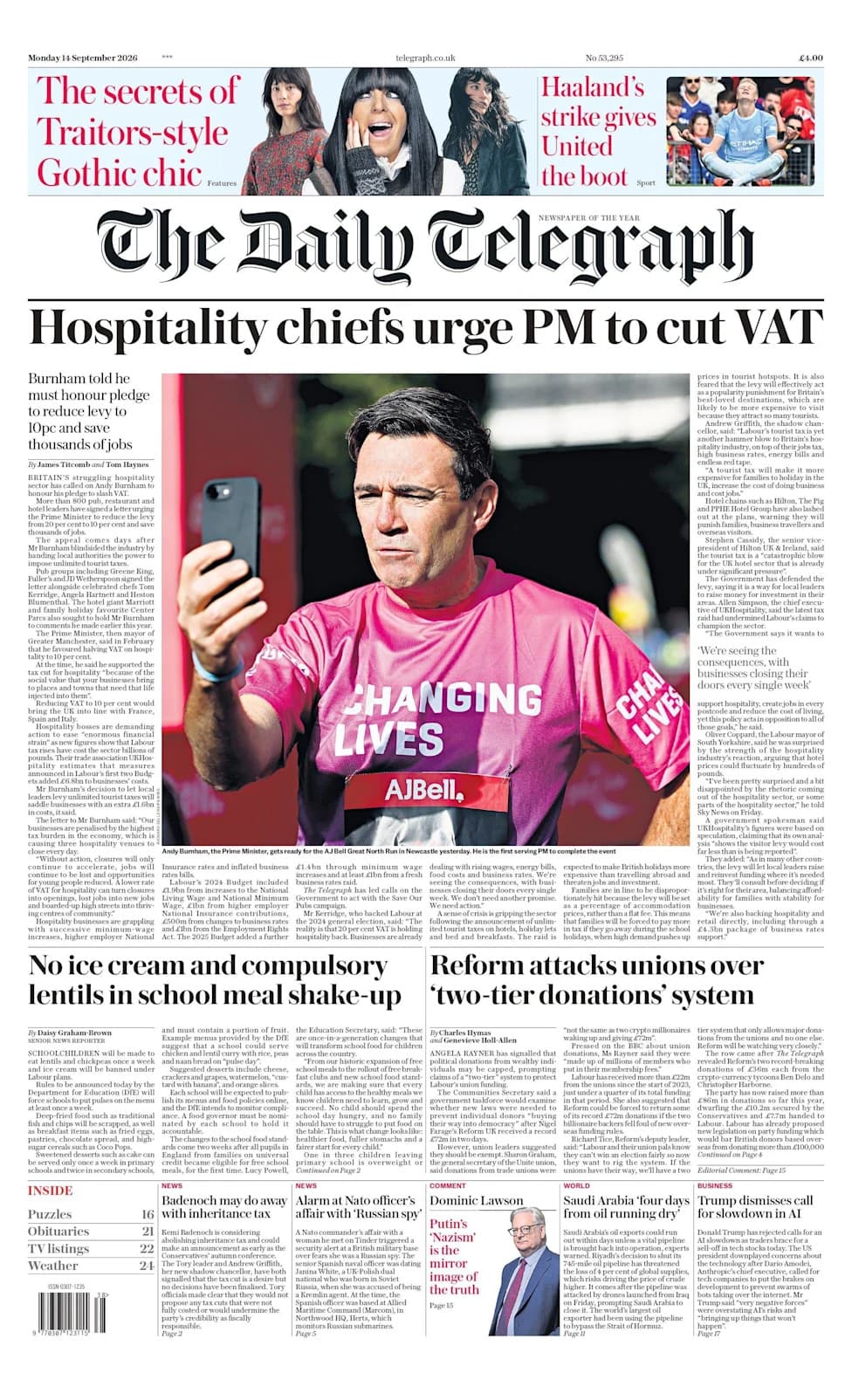 UK Front Pages: Suspected Drone Strike Near Boris, Reform UK's £72m Windfall And New Slave-Trade Register