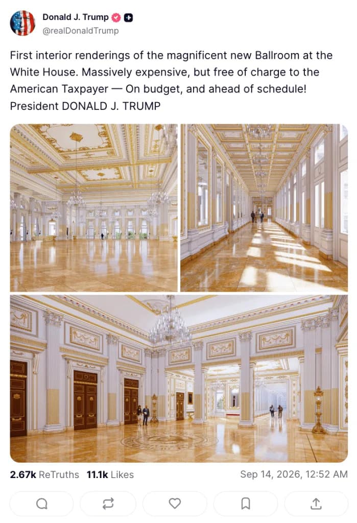 Trump Unveils Lavish Interior Renderings of Controversial New White House Ballroom