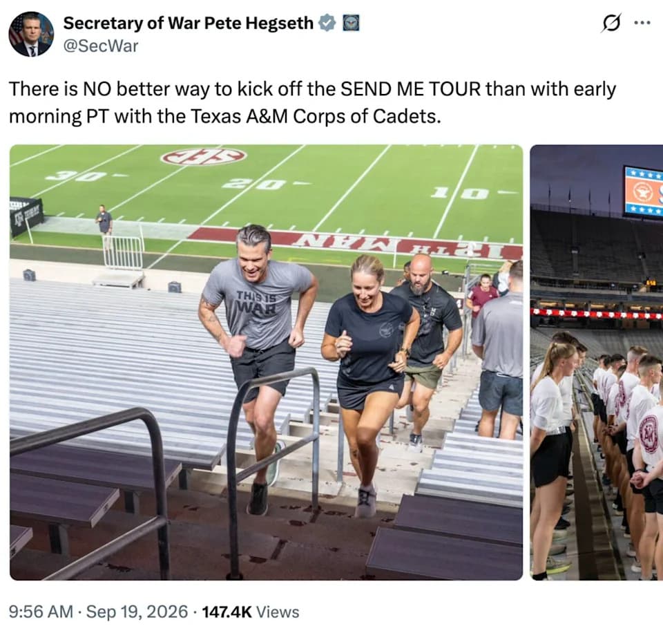 Hegseth Brings Wife to Texas A&M After Staff 'Yoko Ono' Nickname Leak — Pentagon Defends Her Role