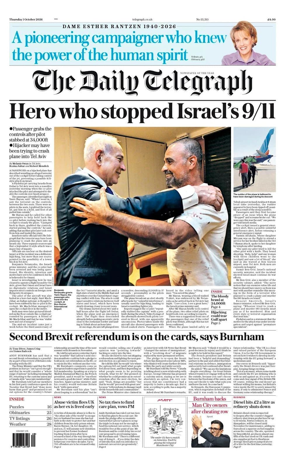 Chaos Aboard Flydubai Flight: Passengers Subdue Alleged Attacker After Captain Stabbed — UK Front Pages Also Honor Dame Esther Rantzen