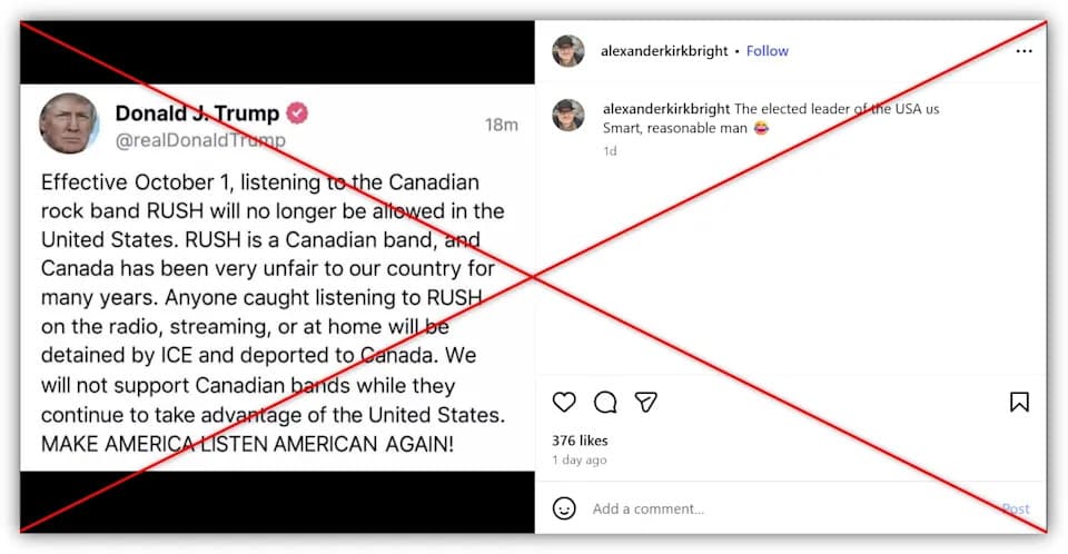 Fake Post Claiming Trump Banned Rush’s Music Is Fabricated — Image Does Not Appear On His Social Feeds