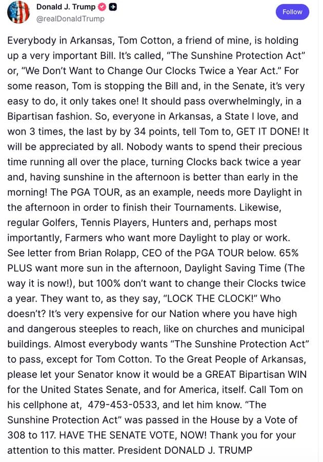 Trump Floods Truth Social Over Daylight Saving Bill — Posts Sen. Tom Cotton’s Alleged Cell Number